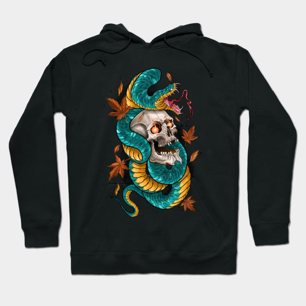 Japanese Tattoo Style Skull and Snake Hoodie by Eugenex